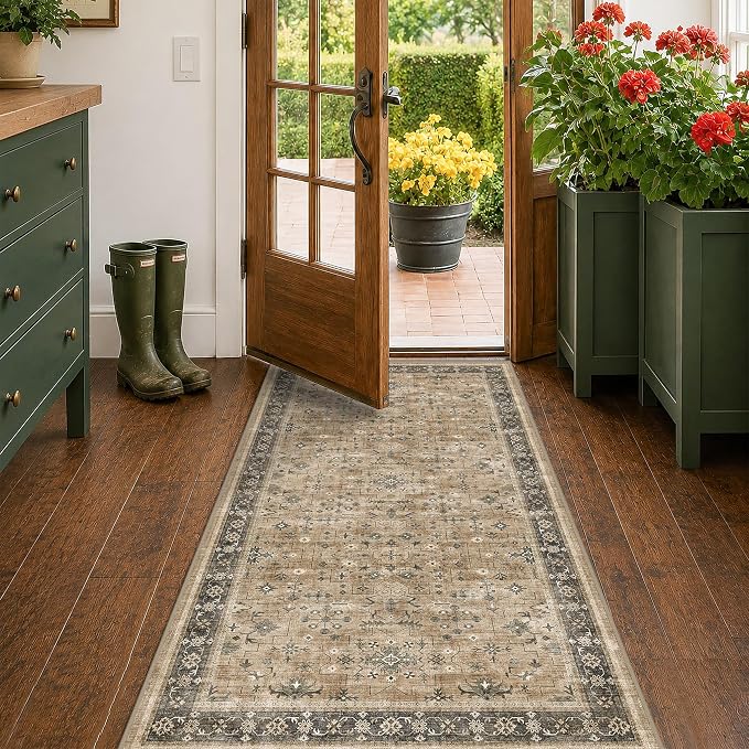 Hazo Haus Washable 3x6 Large Mudroom Area Rug, Bohemian Kitchen Floor Rug, Non-Slip & Stain Resistant, Vintage Desert Taupe Sage Farmhouse Floral Décor