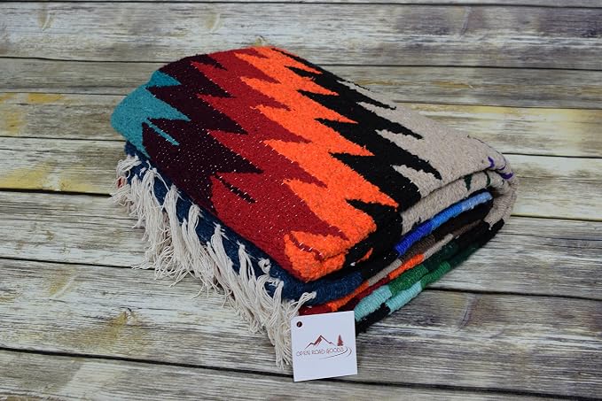 Open Road Goods Aztec Navajo Style Blanket, Throw, or Yoga Bolster - Handwoven Mexican Diamond Blanket (Multi Tan)