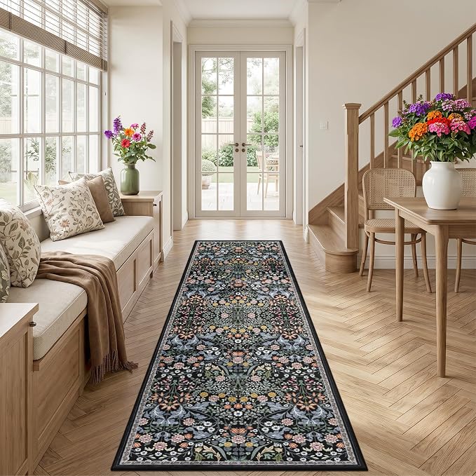 Runner Rug for Entryway: 3x10 Kitchen Rugs Non Slip Washable Ultra-Thin Soft Floral Carpet Indoor Floor Stain Resistant Carpets for Hallway Bedroom Kitchen Laundry Bathroom Dorm Dark Black