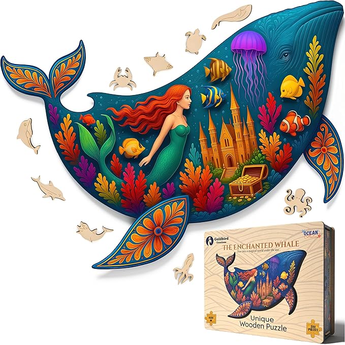 Goldbird Wooden Puzzles for Adults - Eco-Friendly Wood Puzzles 200 Pieces - Premium Gift Box - Whale Jigsaw Puzzles for Family Activity - Whimsical Shape Puzzle Pieces - 16.5 × 10.6 in