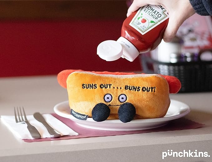 Hot Dog Plushie - Suns Out, Buns Out Cute Hot Dog Plush, Sassy & Funny Food Plush Toy for Gifting