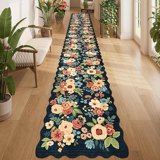 DUKINO 2x14 Hallway Runner Rug, Floral Washable Kitchen Rug, Navy Blue | Non Slip, Low Pile, Soft Long Runner Rugs for Entryway, Bedroom, Bathroom, Laundry, Pet Friendly, Home Decor, Lightweight