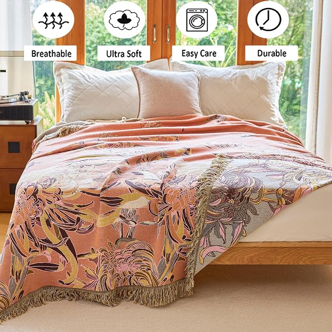VANJOROY King Boho Throw Blanket 91" x 98", 100% Organic Cotton Breathable Skin-Friendly Ultra Soft Bed Quilt Throw - Floral Rustic Decor Luxury Reversible Blanket for Sofa Couch Chair and Gift