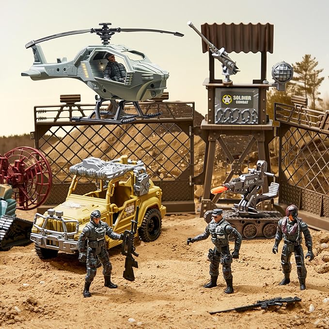 SYNCFUN Military Toy Set with Army Base, Vehicles, Action Figures & Weapon Accessories, Helicopter with Light & Sound - Christmas Birthday Gift for Kids Boys Girls