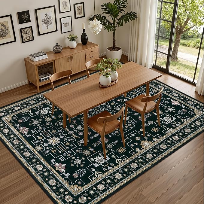 6x9 Area Rugs Living Room Rug: Washable Vintage Boho Medallion Rug No Slip Stain Resistant Soft Carpet Indoor Floor Large Carpets for Bedroom Dining Room Farmhouse Nursery Hallway Home Office Black
