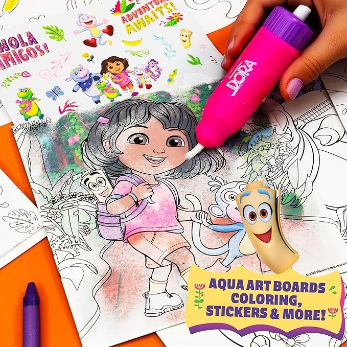 Dora Ultimate Backpack, 10+ Creative Projects in a Reusable Backpack, Includes Aqua Art, Coloring Sheets, & Cute Stickers, Less-Mess Toddler Toys, Road Trip Essentials for Kids, Great Airplane Toy