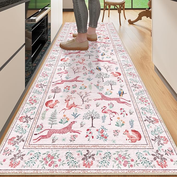 DUKINO 2x6 Runner Rug, Washable Animal Kitchen Rugs Non Slip, Pink | Soft, Low Pile, Stain Resistant Indoor Carpet for Hallway, Entryway, Bedroom, Bathroom, Laundry,Pet Friendly, Lightweight
