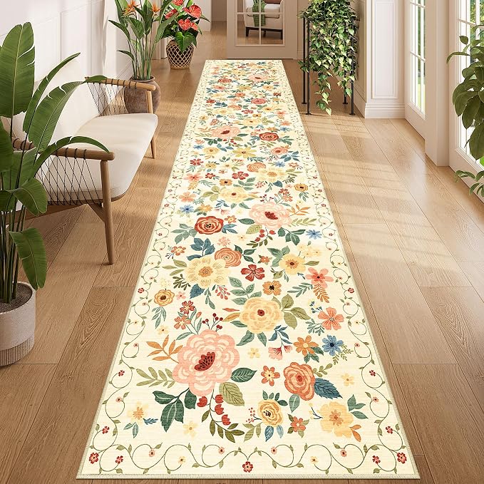 DUKINO 2.6x12 Kitchen Runner Rug, Floral Non Slip Washable Rug Beige Yellow | Low Pile, Stain Resistant, Soft Indoor Rug Runner for Hallway, Entryway, Bedroom, Bathroom, Laundry, Pet Friendly, Home Decor