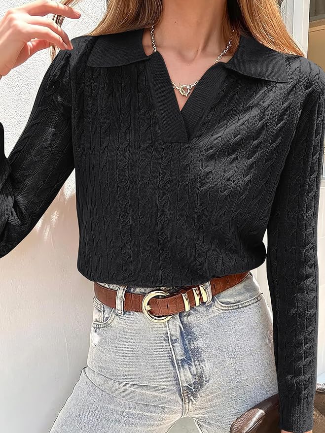 ANRABESS Womens Cable Knit Sweaters Long Sleeve V Neck | Pullover Collared Sweater Tops, Polo Knit Shirts, Business Casual Work, Tennis Golf, Fall Winter Fashion Outfits