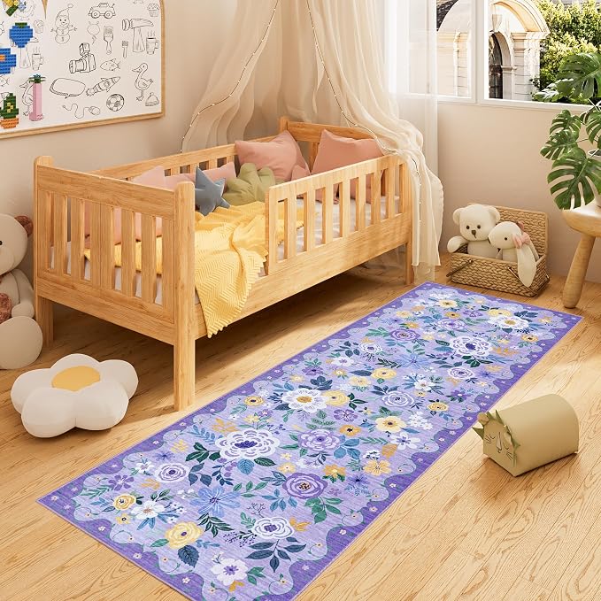 DUKINO 2x10 Runner Rug, Floral Washable Kitchen Runner Rug Non Slip, Purple | Soft, Low Pile, Stain Resistant Indoor Rug Runner for Hallway, Entryway, Bedroom, Bathroom, Laundry, Pet Friendly, Home Decor