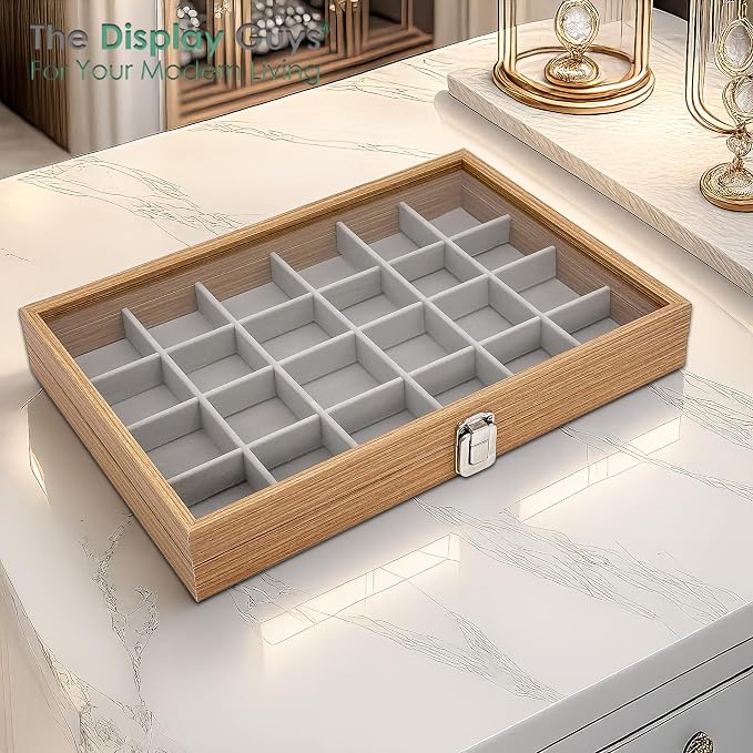 Wooden Travel Jewelry Box w. Tempered Glass Display Lid - Earrings Storage - 24-Compartments Velvet Organizer (Natural Oak) by The Display Guys
