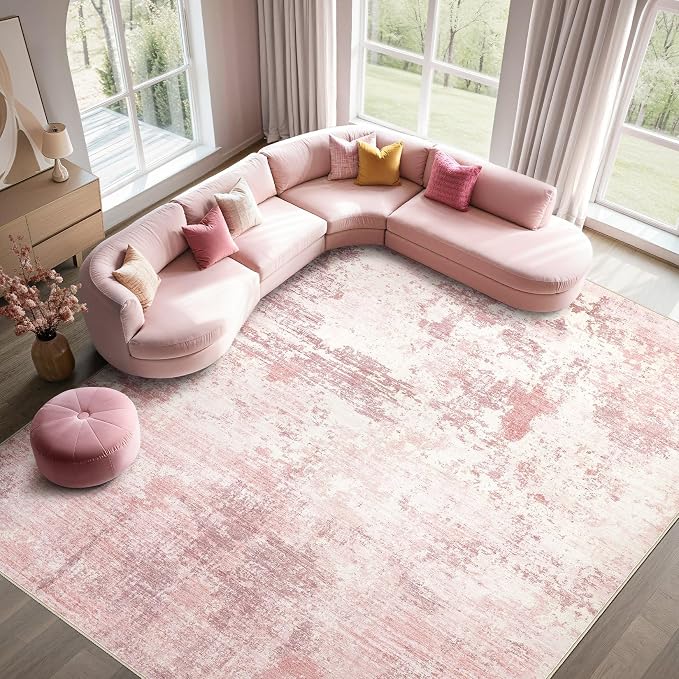 UERMEI 10x12 Area Rug Living Room Rugs - Washable Neutral Modern Abstract Soft Thin Large Rug Indoor Floor No Slip Rug Carpet for Bedroom Under Dining Table Home Office Decor - Pink