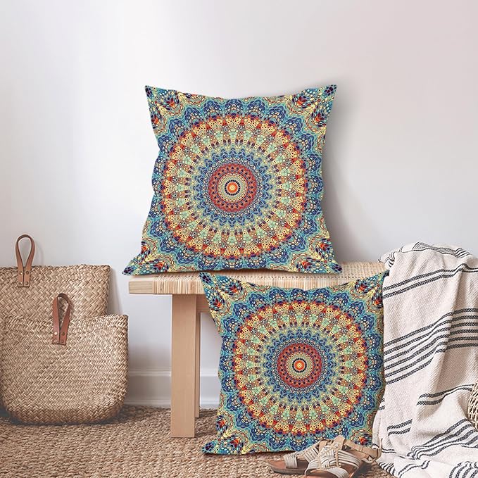 Boho Mandala Floral Pillow Covers 20X20 Inch Set of 2 Navy Blue Orange Abstract Flower Decorative Pillow Cases Colorful Retro Ethnic Cotton Linen Cushion Case Home Decor For Sofa Couch Porch Outdoor