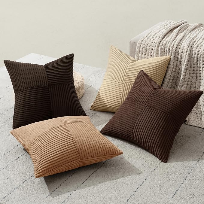 MIULEE Boho Decorative Throw Pillow Covers 20x20 Set of 4 Farmhouse Neutral Cushion Cases Gradient Corduroy Pillow Cases Modern Soft Corduroy Patchwork Home Decor for Couch Sofa Bedroom Dark Brown