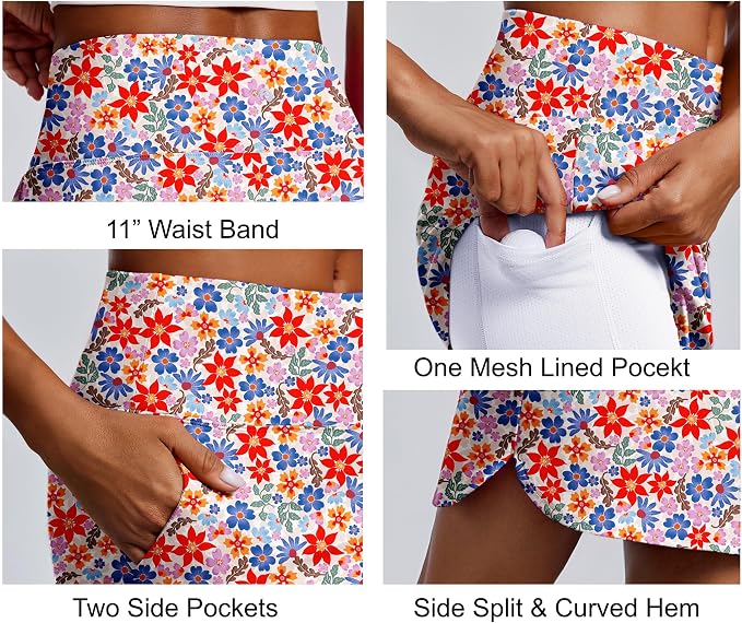 PINSPARK 18" Skorts for Woman Above Knee Length Golf Skirts 3 Pockets | High Waist, Built in Shorts, UV Protection, 4-Way Stretch, Soft, Dolphin Hem, Athletic, Tennis, Pickleabll, Casual