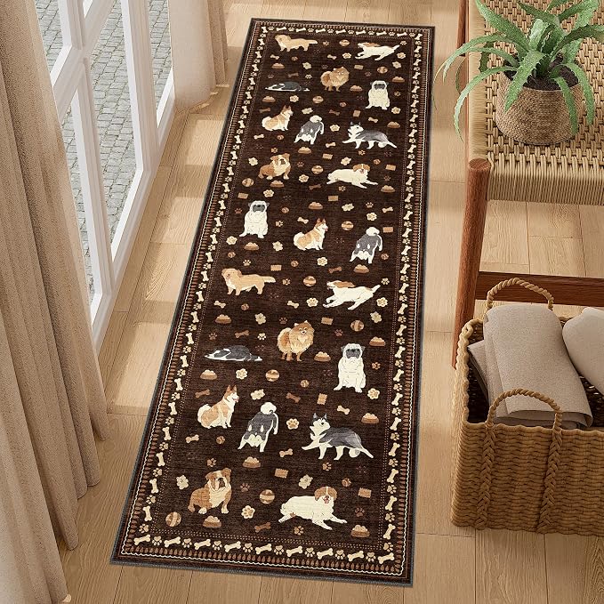 DUKINO 2x6 Kitchen Runner Rug, Washable Soft Non Slip Dog Rug, Brown | Stain Resistant, Low Pile Non-Shedding Animal Carpet Runner for Hallway Laundry Entryway Bathroom Bedroom, Kid & Pet Friendly