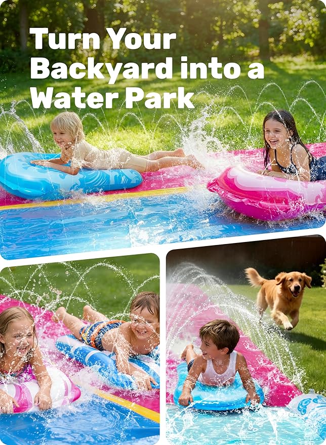 JOYIN 32.5FT Water Slide and 2 Inflatable Boards, Extra Long Heavy Duty Double Lawn Waterslide with Sprinkler for Kids Adults Backyard Summer Water Toy Outdoor Fun, Blue, Pink