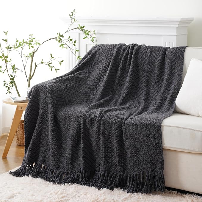 BATTILO HOME Dark Grey Throw Blanket for Couch, 60"x80" | Knit Charcoal Throw Blanket Versatile for Chair, Super Soft Warm Grey Blanket with Tassels for Bed, Sofa and Living Room