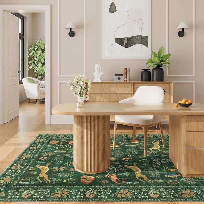 DUKINO 3x5 Rug, Washable Animal Area Rug for Bedroom Non Slip, Green | Low Pile, Stain Resistant, Soft Indoor Carpet for Living Room, Kitchen, Dining Room, Nursery, Lightweight, Pet Friendly