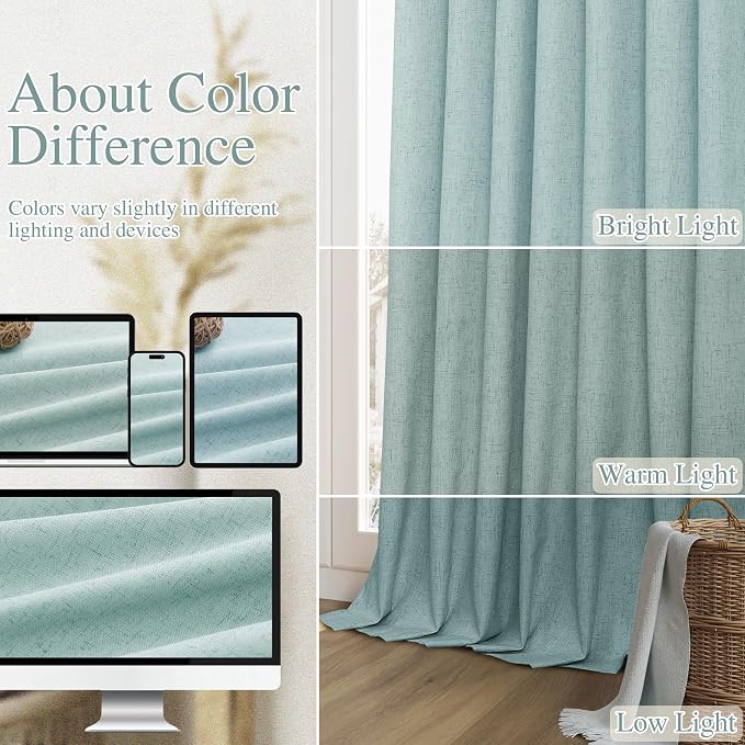 Guken 100% Blackout Linen Curtains 102 Inch Length 2 Panels Set for Living Room Bedroom Back Tab Thermal Insulated Black Out Linen Drapes Room Darkening Window Curtains,Light Blue