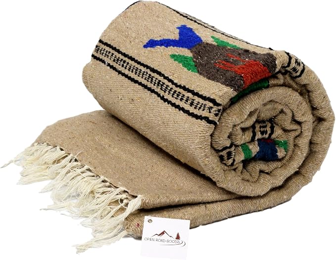 Open Road Goods Thick Mexican Yoga Blanket - Serape Fish Design - Handmade (Khaki)