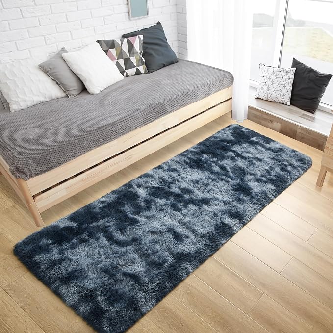 Tepook Soft Runner Rugs for Bedroom Living Room, Fluffy Plush Rug 2x6 for Kids Girls Room, Shag Furry Area Rug Non Slip Carpet for Nursery Children Dorm Home Decor, Tie-dye Dark Blue
