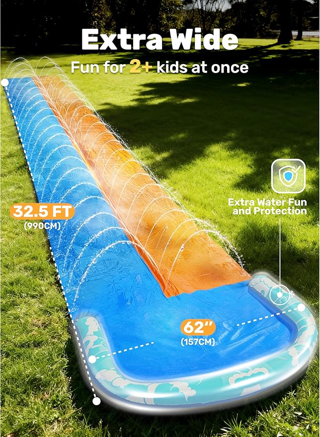 JOYIN 32.5FT Water Slide and 2 Inflatable Boards, Extra Long Double Lawn Heavy Duty Splash Mat Pad with Sprinkler for Kids Adults Backyard Summer Water Toy Outdoor Fun, Blue, Orange