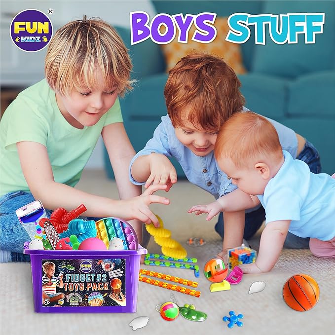 Fidget Pack Box for Boys Girls 4-12, FunKidz Fidget Toys for Kids 5-7 Autistic Sensory Mystery Birthday Gifts in Reusable Portable Treasure Box Nice Party Favors