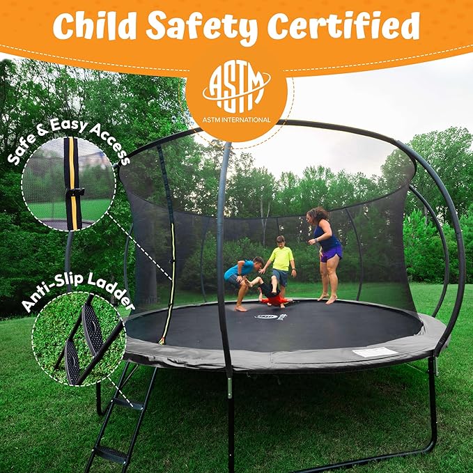 JUMPZYLLA Trampoline Outdoor 8FT 10FT 12FT 14FT 15FT 16FT with Enclosure and Ladder, ASTM Approved Recreational Trampoline for Kids and Adults, Anti-Rust Coated Frame