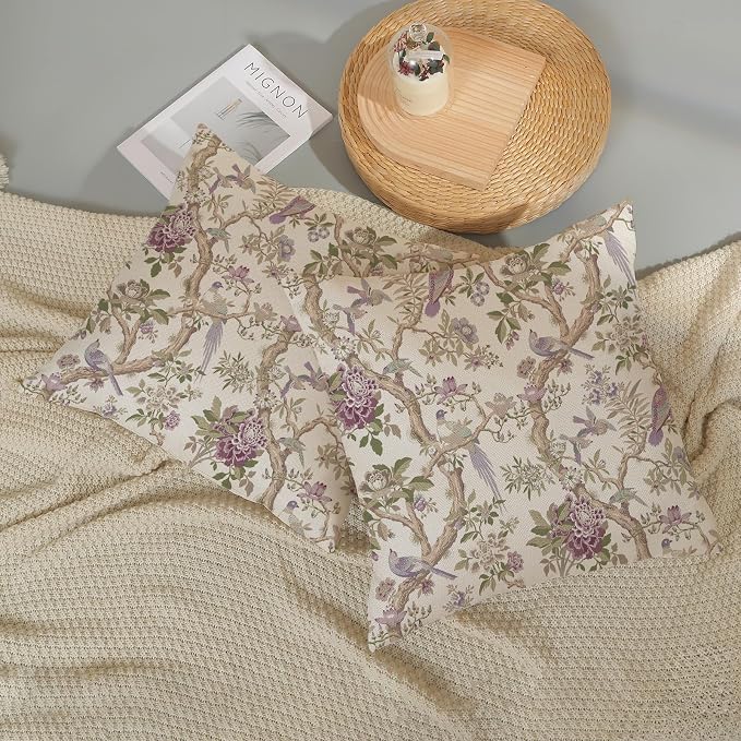 GOLIANDA Chinoiserie Pillow Covers 20x20 Set of 2 Purple Green Floral Bird Throw Pillows Vintage Flowers Bird Decorative Pillow Cases Outdoor Chinoiserie Decor Farmhouse Cushion Case for Couch Sofa