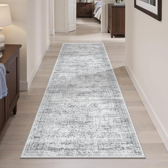 Soalmost Runner Rug 2x5 Washable Non-Slip Kitchen Entry Runners Grey | Soft Low-Pile Rugs for Bathroom Laundry Room, Vintage Foldable Floor Carpet Mat Hallway Entryway for Corridor Bedroom