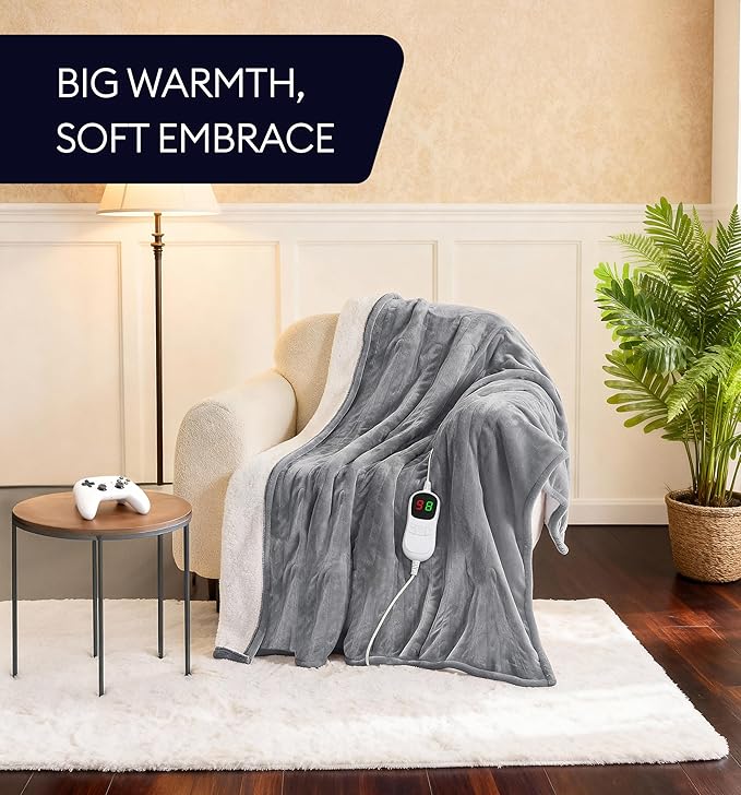 GENIANI Heated Blanket Electric Throw 50"x60" – Safe Electric Heating Blanket with Auto Shut-Off & Overheat Protection, 10 Heat Settings, Washable Heated Throw for Couch, Bed, Office & Dorm