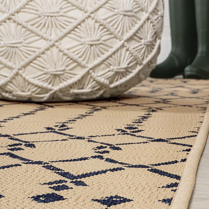 JONATHAN Y Moroccan Geometric Indoor Outdoor Runner Rug 2X10 Beige/Navy, Ourika Textured Weave for Backyard, Patio, Porch, Easy-Cleaning, High Traffic, Pet-Friendly, Non-Shedding (SMB108H-210)