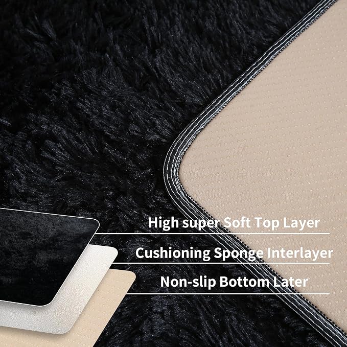 4x6 Black Fluffy Shag Rug for Bedroom, Plush Washable Carpet | Area Rug for Living Room, Kids Nursery, Boys Girls Dorm Room, Non Slip Shaggy Floor Carpet