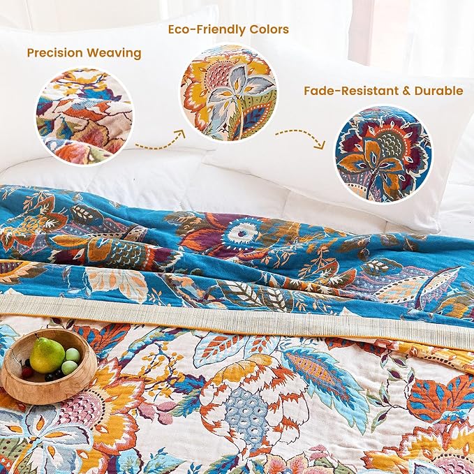 MSGKV Boho Throw Blanket 90"x108" 100% Cotton Floral Blanket King Bed Decor | 100% Cotton Muslin, Lightweight Throw Blanket, King Size Bed, Floral Farmhouse Decor, Soft & Breathable, All Season Comfort