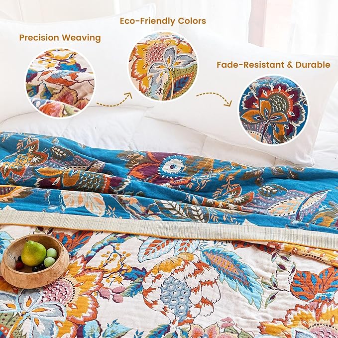 MSGKV Boho Throw Blanket 50"x60" 100% Cotton Floral Muslin Throw for Couch | 100 Cotton Throw, Floral Pattern, Reversible Woven, Summer Breathable, Lightweight Comfort, Farmhouse Decor, Machine Washable
