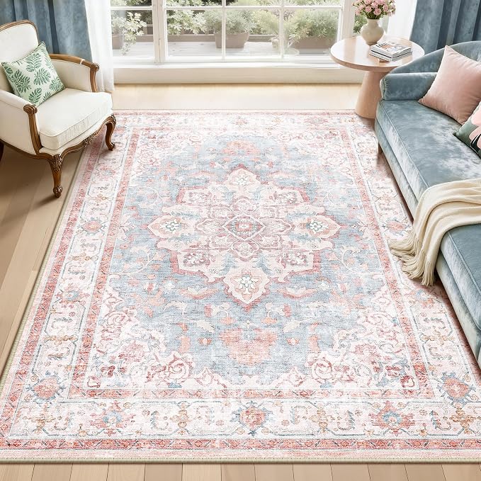 CAPALOCA 5x7 Washable Nursery Girls Low Pile Area Rug Pink Blue | Non-Slip Soft Rugs for Bedroom Kids Playroom Living Room, Print Pattern Water Repellent Carpet Indoor Decor