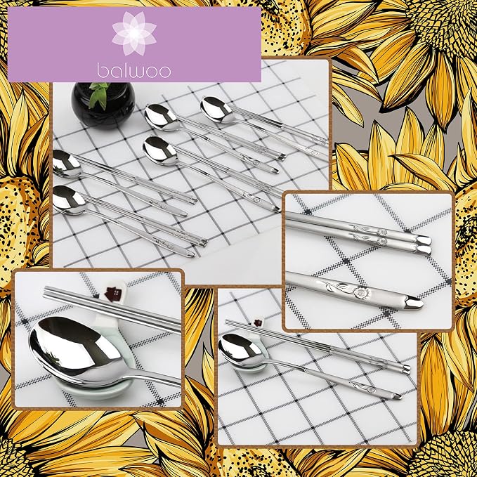 [5 Sets][Made in Korea] Sticky Korean Style Rice Spoon Chopsticks Set 430 Stainless Steel Soup Spoon Ramen Noodle Chopsticks Flatware (Sunflower)