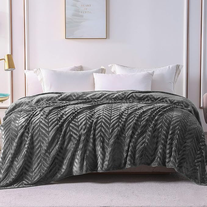Whale Flotilla Flannel Fleece Fall Bed Blanket Queen Size, Dark Grey | Lightweight Breathable Soft Bedspread, Plush Fluffy Coverlet Chevron Design Decorative Blanket for Home Life, 90x90 Inch