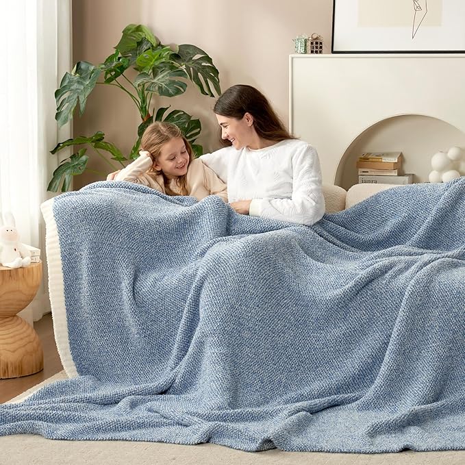 Snuggle Sac Blue Bedding Blanket Twin Size for Bed and Sofa, Reversible Super Soft Blankets Warm Cozy Knit Blankets Fuzzy Plush for Couch, Living Room, Blue, 60x80 inches