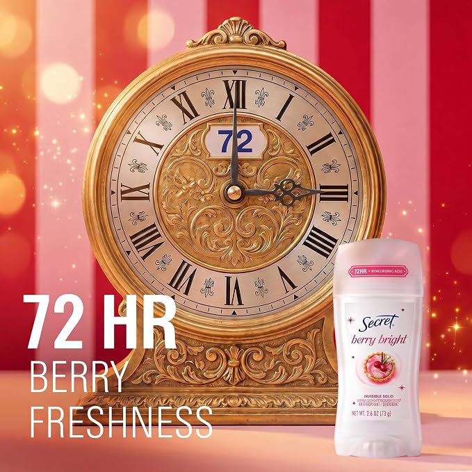 Secret Fresh Antiperspirant Deodorant for Women, 72hr Holiday Sweat & Odor Protection with Pro-Hyaluronic Acid, Invisible Solid, PH Balancing Minerals, Berry Bright Scent, 2.6 oz