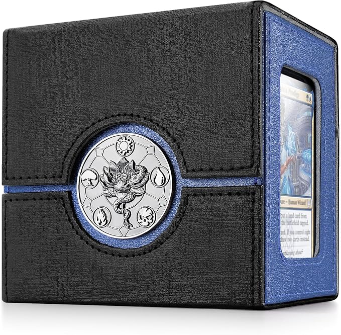 Kabinka MTG Deck Box for Commander with Metal Emblem, Card Deck Box with Dice Tray, Holds 100 Double-Sleeved Cards for TCG/PTCG, Cards Storage Case with 35PT Magnetic Card Holder (Black& Blue, Lotus)