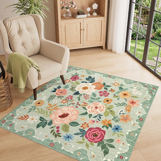 DUKINO 4x4 Square Area Rug, Soft Floral Washable Rug for Entryway, Green | Non Slip, Low Pile, Stain Resistant Indoor Rug for Kitchen, Bedroom, Living Room, Nursery, Pet Friendly, Modern Home Decor