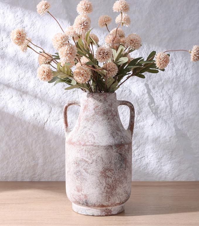 Ceramic Flower Vase with Handles, 11 Inch Tall Rustic Vase, Large Terracotta Pottery Vase for Home Decor, Farmhouse Decorative Vase for Living Room Kitchen Table Shelf Bedroom Decor