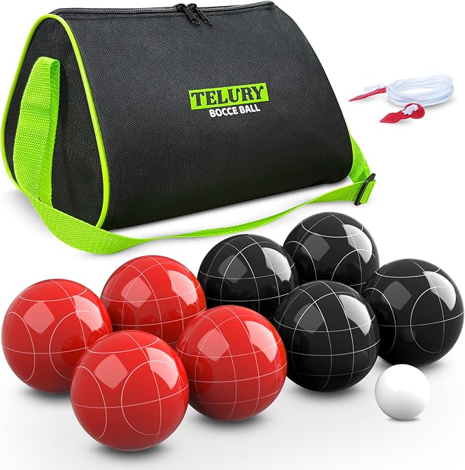 Bocce Ball Set 100mm Regulation Size and Weight for Lawn, Beach Bocci Game Sets for 2-8 Players (Red and Black)