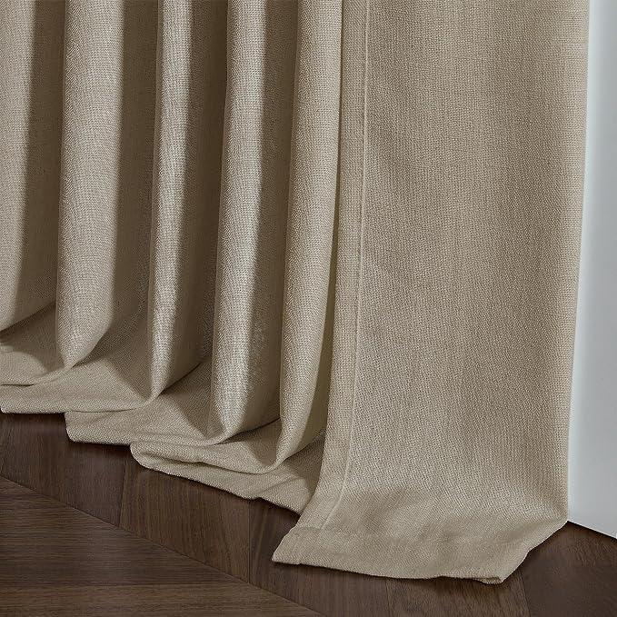 Grey Beige Pinch Pleat Linen Kitchen Curtains 45 Inches Long 2 Panels | Basement Short Curtains for Small Bay Window, Pinch Pleated with Hooks Rings Back Tab, Thick Linen Semi Sheer, W40xL45