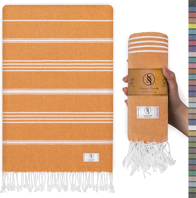 Ossano Turkish Beach Towel Striped & Smart Blend Oversized (39" x 71") - Quick Dry, Versatile and Functional as Picnic and Beach Blanket, Yoga, Pool, Travel and Gym Towels - Orange