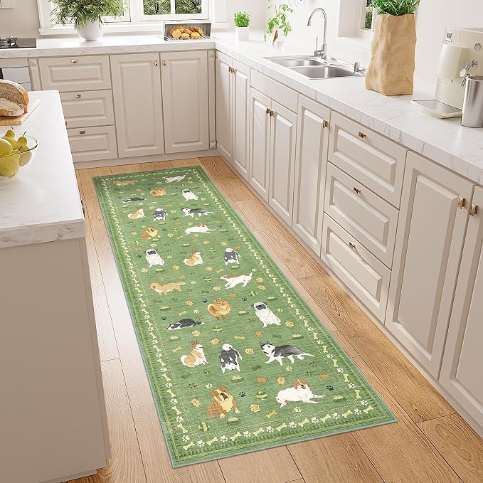 DUKINO 2x6 Kitchen Runner Rug, Washable Soft Non Slip Dog Rug, Green | Stain Resistant, Low Pile Non-Shedding Animal Carpet Runner for Hallway Laundry Entryway Bathroom Bedroom, Kid & Pet Friendly