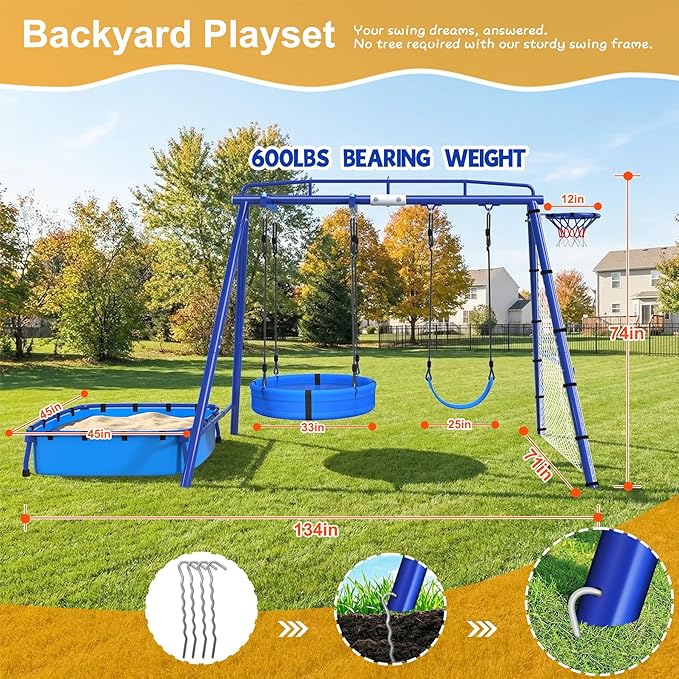 5-in-1 Heavy Duty Metal Swing Set with Sandbox for Backyard, 800 LBS Capacity, Reinforced A‑Frame, Sandbox, Cradle Swing, Basketball Hoop, Soccer Net for Kids, Toddlers & Adults