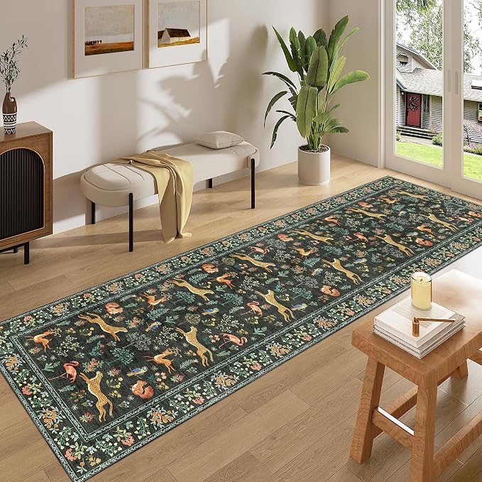 DUKINO 2x8 Washable Runner Rug, Non Slip Animal Kitchen Runner Rug, Black | Soft, Low Pile, Non-Shedding Indoor Carpet Runner for Hallway, Entryway, Bedroom, Bathroom, Pet Friendly, Stain Resistant